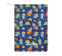 Panini Tessuti Sacchetto sacco Asilo Con Nome Ricamato per bambino e bambina porta indumenti cambio asilo sacca nido 100% Cotone 46x60 cm(Sacchetto Asilo Ricamato Astronavi)