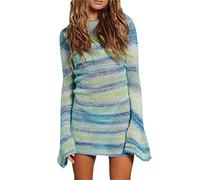 PanLidapan Abito estivo da donna lavorato a maglia all'uncinetto, con schiena scoperta, abito da spiaggia Y2K, abito patchwork a maniche lunghe, scollo rotondo, a righe, streetwear, Blu, S