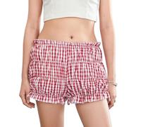 PanLidapan Pantaloncini estivi da donna in tartan Y2k Pantaloncini casual a quadretti Pantaloncini elasticizzati con volant Kawaii Bloomer Shorts per Loungewear/Streetwear, Rosso, L