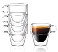 Panlouting 4 Pack | Tazzine da Caffè Espresso in Vetro Isolante a Doppio Strato | Tazzina da Caffè Espresso 150ml con Manico | Vetro Termico Trasparente Impilabile