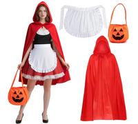 PANMAY Costume da Cappuccetto Rosso da Donna di Halloween Costume Zucca Borsa Abito Rosso con Grembiule Bianco Attaccato Lungo Mantello Rosso con Cappuccio Halloween Carnevale e feste in maschera