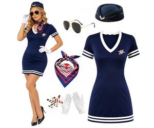 PANMAY Costume da hostess della compagnia aerea da assistente di volo, kit con vestito, cappello hostess, sciarpe, spilla, occhiali da sole, Halloween, hostess, cosplay, costume (L)