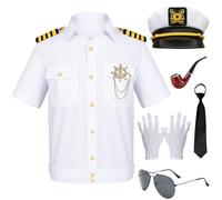 PANMAY Costume da marinaio, da uomo, colore bianco marino, 8 pezzi, con capitani, giacca bianca, cappello, guanti, barca, capitano a tema, cosplay, feste, Halloween, carnevale, per adulti (M)