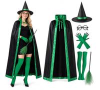 PANMAY Costume da strega da donna, costume da strega, accessorio per travestimento da strega, cappello, guanti, scopa, occhiali per feste di Halloween, cosplay