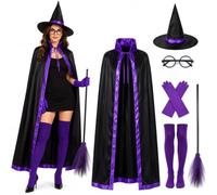 PANMAY Costume da strega da donna, costume da strega, accessorio per travestimento da strega, cappello, guanti, scopa, occhiali per feste di Halloween, cosplay