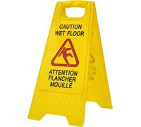 Panneau d'avertissement sol humide « Caution wet floor - Attention plancher mouillé ». En anglais et en français. Haute visibilité pour éviter les accidents