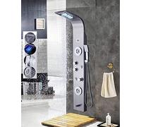 Pannello colonna doccia di alta qualità in acciaio Inox con indicatore di temperatura a LED. Doccia idromassaggio con 4 getti; Dotato di 5 funzioni. Colore: Argento (Cromo)