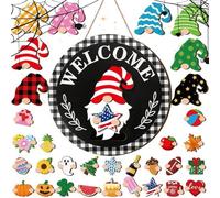 Pannello Di Benvenuto Gnome - Pannello Di Benvenuto Intercambiabile | Decorazione Di Gnome In Legno, Set Di Fai Da Te 32 Pezzi, 30 Cm Con Parti Magnetiche E Cappelli Rimovibili, Decorazioni Stagionali