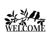 Pannello di Benvenuto in metallo per la porta d'ingresso, pannello di benvenuto in metallo per arte murale esterna con foglie e uccelli neri, regalo per gli amanti degli uccelli per la decorazione