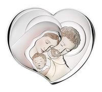 Pannello di valenti. Pannello in argento laminato e dettagli colorati, retro in legno, raffigurata la sacra famiglia. Le dimensioni sono 25,5x22,5 cm. La referenza è 81252 5lcol