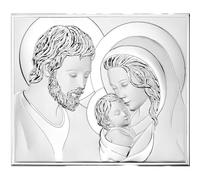 Pannello di valenti. Pannello in argento laminato, retro in legno, raffigurata sacra famiglia. Le dimensioni sono 14,5x12 cm. La referenza è 81340 2l