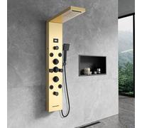 Pannello doccia a LED, KEOKBON 6 in 1 con rubinetto in acciaio inox con indicatore di temperatura LCD, cascata e doccia a pioggia, 8 doccia massaggiante, doccetta per vasca, oro spazzolato e nero