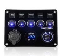 Pannello Interruttori 5 Gang 12V/24V Impermeabile Doppia Presa USB Voltmetro
