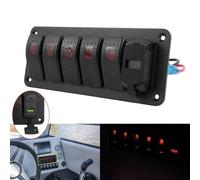 Pannello Interruttori 5 Gang Con Caricatore USB Luce LED Rossa 12/24V