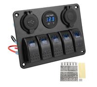 Pannello interruttori a bilanciere a 5 gruppi in lega di alluminio IP65 impermeabile con voltmetro doppie porte USB per marino camion barca yacht UTV (Blu)