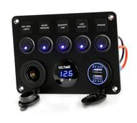 Pannello Interruttori per Auto Barca 5 Gang Interruttore a Levetta ON-off 2USB Presa Voltmetro a LED 12V 24V Presa di Corrente per Camper Veicoli Marine RV Truck (Blu)