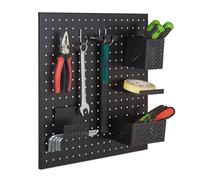 Relaxdays Pannello Portautensili con 9 Accessori, Ganci Porta Utensili e Fori, Parete Banco da Lavoro, Nero, Acciaio, 1 pz
