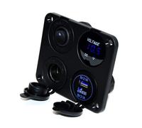 Pannello Presa Doppia USB per Caricabatteria da Auto con Accendisigari Voltmetro LED Blu e Interruttore Indipendente On-Off-On per 12V 24V Veicoli Auto Barca Camion Caravan