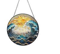 Pannello rotondo da appendere alla finestra, in vetro colorato, acchiappasole con tramonto e onde del mare, regalo decorativo per amici, coppie, familiari, colleghi (20 cm)