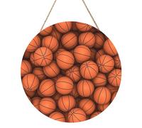 Pannello rotondo in legno arancione con pallacanestro, 30,5 cm, targa da appendere rustica, decorazione da parete per la casa con corda