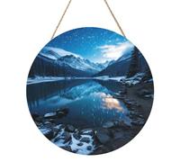 Pannello rotondo in legno con lago morenico in una notte stellata di inverno, 30,5 cm, da appendere, decorazione rustica da parete con corda