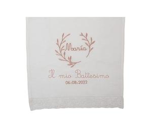 Panno per battesimo personalizzato - Fazzoletto per rito con Nome e Data - Modello Piccoli Foglioline - Regalo per il battesimo - Handmade - Nenel (Rosa cipria)