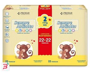 PANNOLINI PROFAR SEMPRE ASCIUTTO ULTRA MINI 3/6 KG BIPACCO 22+22 PEZZI