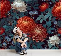 Panorama Carta Da Parati Cespugli Di Crisantemo Rosso 300x210cm, Tessuto Di Seta Carta Parati Composizioni Floreali Retrò Giapponesi, Fotomurale Moderna Decor Da Parete per Camera Da Letto Soggiorno