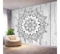 Panorama Carta da Parati Murale 150 x 105 cm, Sfondo Rustico In Legno Mandala Carta da Parati Fotografica Grigio Murale Adesivo da Parete Poster Effetto 3D Decorazione Soggiorno