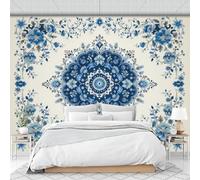 Panorama Carta Da Parati Murale 300 X 210 Cm, Parati Murali Floreale Con Mandala Geometrico, Murales Stile Bohémien, Beige Poster Con Effetto 3D Decorazione Soggiorno Camera Letto Sala Ufficio