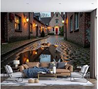 Panorama Carta Da Parati Murale 350x256cm, Parati Murali Fotografica Vicoli e strade dopo la pioggia Stile architettonico europeo Giallo Decorazione Murale Carta da Paratis