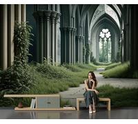 Panorama Carta Da Parati Murale 400x280cm, Parati Murali Fotografica Il corridoio all'interno della chiesa Stile architettonico gotico Grigio-verde Decorazione Murale Carta da Paratis per Soggiorno
