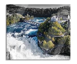 Panorama di Rheinfall in Svizzera B&W Details, pannello di copertura e paraspruzzi in vero vetro, per piani cottura | 60 x 52 cm