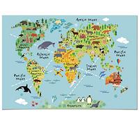 Panorama Quadro su Tela Canvas Cameretta del Bambini Mappamondo Bambini Animali 70x50cm - Telaio in Legno Incluso - Stampe da Parete Bambini