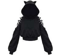 PANOZON Donna Felpa con Cappuccio con Orecchie di Gatto a Maniche Lunghe Spalla Cava Lacci(M, A Nero-6)
