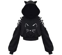 PANOZON Donna Felpa con Cappuccio con Orecchie di Gatto a Maniche Lunghe Spalla Cava Lacci(M, Nero ml-6)