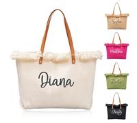 PANPANZZ Borsa Tote Personalizzata In Tela Per Damigelle D'onore - Borse Da Spiaggia Con Frange E Nome Ricamato Su Misura - Borsa Da Matrimonio In Stile Boho Di Grande Capienza(White)