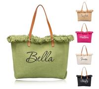 PANPANZZ Borsa Tote Personalizzata In Tela Per Damigelle D'onore - Borse Da Spiaggia Con Frange E Nome Ricamato Su Misura - Borsa Da Matrimonio In Stile Boho Di Grande Capienza(Green)