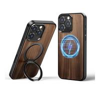 PANPHEN Custodia magnetica in legno per iPhone 16 Pro da 6,3 pollici, protettiva antiurto con supporto ad anello, rivestimento in vero legno su morbido TPU nero, compatibile con iPhone 16 Pro da 6,3