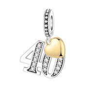 PANPOKI Ciondoli Numerici Argento 925 con Cuore Placcato Oro 18K e Zirconi - Numeri 10 13 15 16 18 20 21 25 30 40 50 60 | Perle Compatibili per Bracciali e Collane