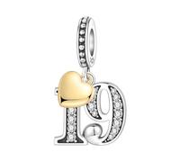 PANPOKI Ciondoli Numerici Argento 925 con Cuore Placcato Oro 18K e Zirconi - Numeri 10 13 15 16 18 20 21 25 30 40 50 60 | Perle Compatibili per Bracciali e Collane