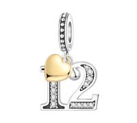 PANPOKI Ciondoli Numerici Argento 925 con Cuore Placcato Oro 18K e Zirconi - Numeri 10 13 15 16 18 20 21 25 30 40 50 60 | Perle Compatibili per Bracciali e Collane