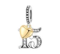 PANPOKI Ciondoli Numerici Argento 925 con Cuore Placcato Oro 18K e Zirconi - Numeri 10 13 15 16 18 20 21 25 30 40 50 60 | Perle Compatibili per Bracciali e Collane