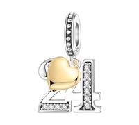 PANPOKI Ciondoli Numerici Argento 925 con Cuore Placcato Oro 18K e Zirconi - Numeri 10 13 15 16 18 20 21 25 30 40 50 60 | Perle Compatibili per Bracciali e Collane