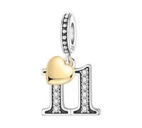 PANPOKI Ciondoli Numerici Argento 925 con Cuore Placcato Oro 18K e Zirconi - Numeri 10 13 15 16 18 20 21 25 30 40 50 60 | Perle Compatibili per Bracciali e Collane
