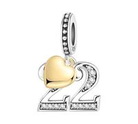 PANPOKI Ciondoli Numerici Argento 925 con Cuore Placcato Oro 18K e Zirconi - Numeri 10 13 15 16 18 20 21 25 30 40 50 60 | Perle Compatibili per Bracciali e Collane