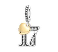 PANPOKI Ciondoli Numerici Argento 925 con Cuore Placcato Oro 18K e Zirconi - Numeri 10 13 15 16 18 20 21 25 30 40 50 60 | Perle Compatibili per Bracciali e Collane