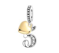 PANPOKI Ciondoli Numerici Argento 925 con Cuore Placcato Oro 18K e Zirconi - Numeri 10 13 15 16 18 20 21 25 30 40 50 60 | Perle Compatibili per Bracciali e Collane