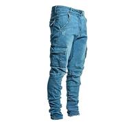 Pantalon Cargo Uomo Slim Vita Elastica Solido Jeans Elasticizzati Classico Multi - Tasche Pantalone Da Trekking Da Lavoro Comodo E Leggero, Blu 2, L