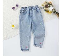 Pantalon De Style Vacancier Détendu Et Coloré Avec Broderie De Fleurs Pour Enfants Et Femmes, En Denim Bleu Délavé Avec Un Cône Large 6Y,7Y,4Y,5YFloreale,PianteDenim